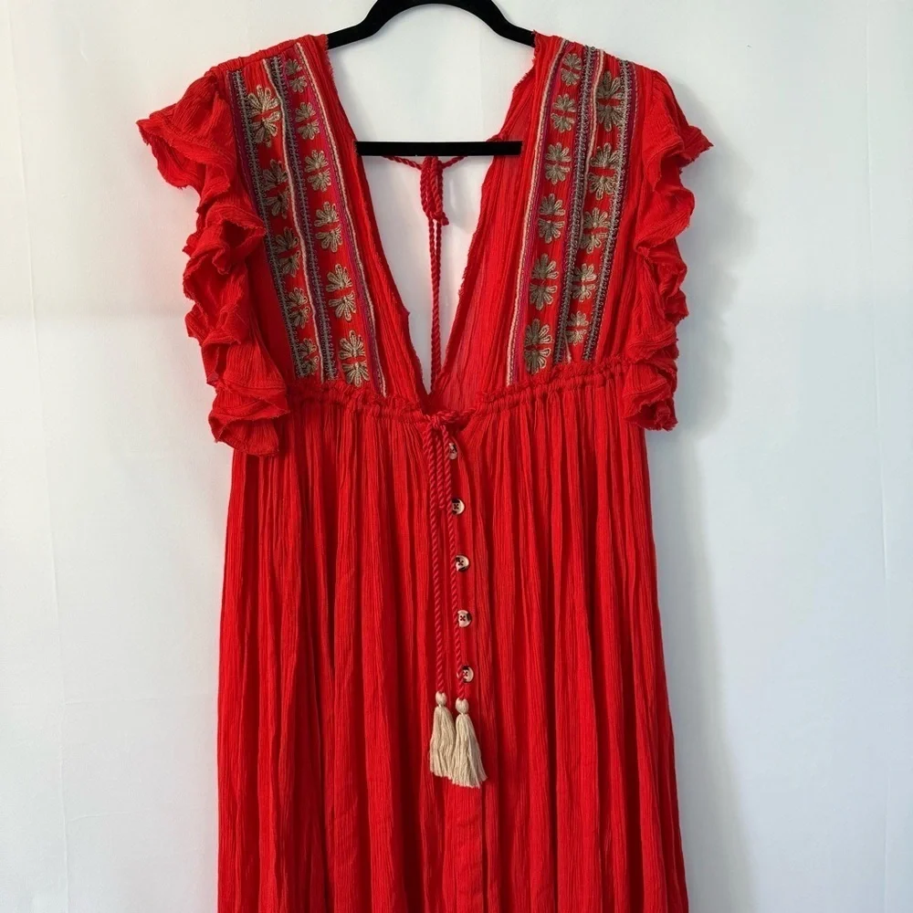 Free People Bali Will Wait For You Boho V Neck Midi Dress Red Embroidered Size S